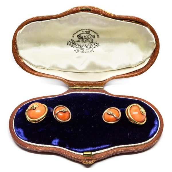 Antique Victorian Coral & Gold Snake Cufflinks - Jewellery Discovery