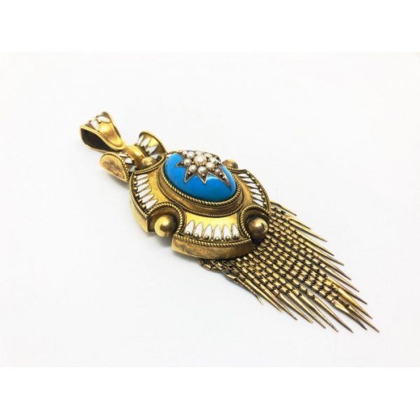 Antique Victorian Seed Pearl, Enamel and Gold Fringe Pendant