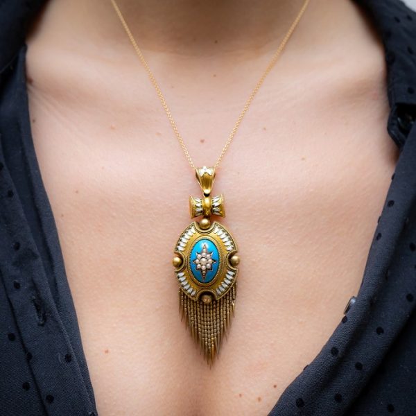 On Model Antique Victorian Seed Pearl, Enamel and Gold Fringe Pendant