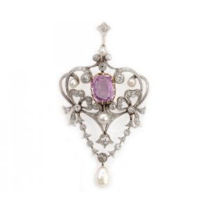 Art Nouveau Style Pink Sapphire, Pearl and Diamond Pendant