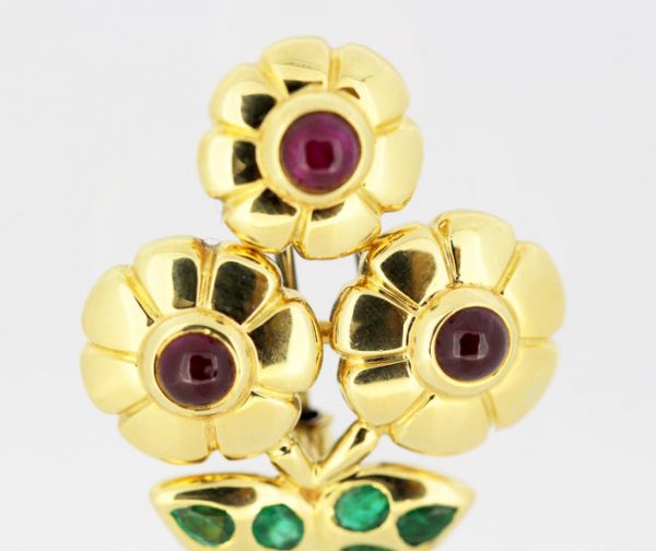 Cartier Floral Flower Brooch set with Rubies and Emeralds, 18ct Yellow Gold