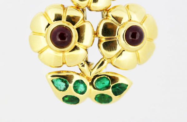 Cartier Floral Flower Brooch set with Rubies and Emeralds, 18ct Yellow Gold