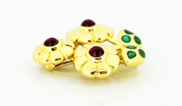 Cartier Floral Flower Brooch set with Rubies and Emeralds, 18ct Yellow Gold