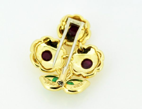 Cartier Floral Flower Brooch set with Rubies and Emeralds, 18ct Yellow Gold
