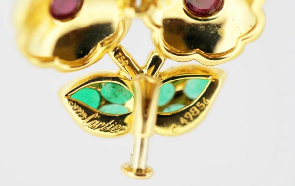 Cartier Floral Flower Brooch set with Rubies and Emeralds, 18ct Yellow Gold