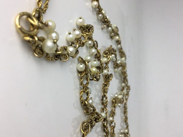 Vintage Heavy Set Gold and Pearl Long Guard Chain Necklace