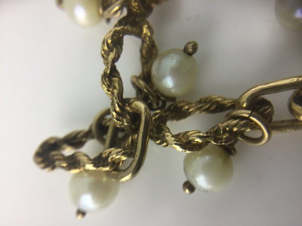 Vintage Heavy Set Gold and Pearl Long Guard Chain Necklace