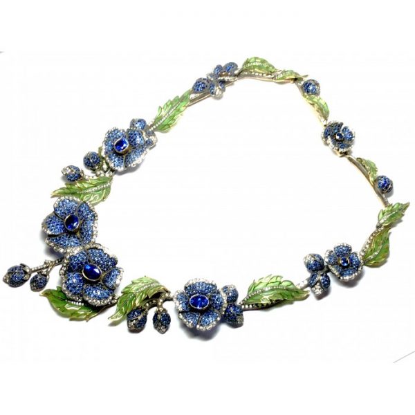 Enamel Sapphire Diamond Flower Necklace