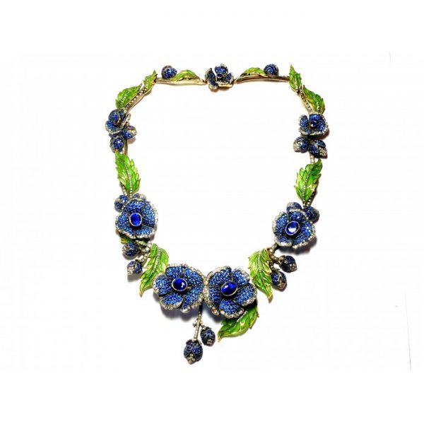 Enamel Sapphire Diamond Flower Necklace