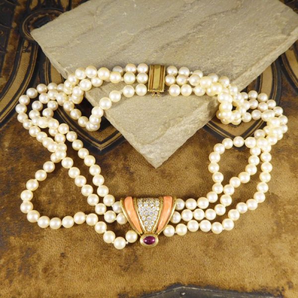 Vintage Coral, Cabochon Ruby and Diamond Three Row Pearl Necklace