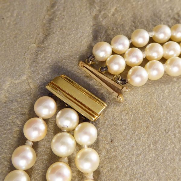 Vintage Coral, Cabochon Ruby and Diamond Three Row Pearl Necklace