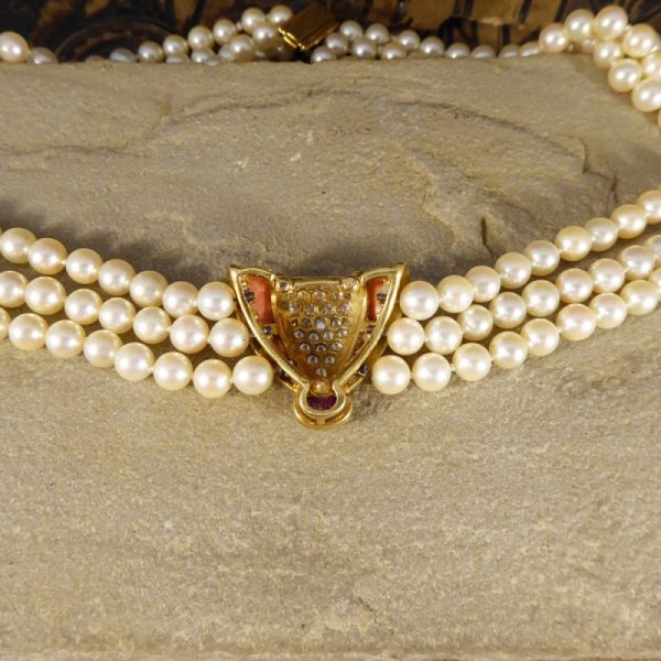 Vintage Coral, Cabochon Ruby and Diamond Three Row Pearl Necklace