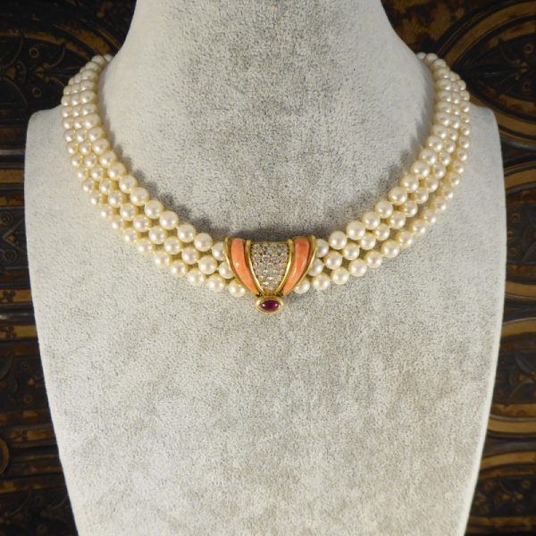 Vintage Coral, Cabochon Ruby and Diamond Three Row Pearl Necklace