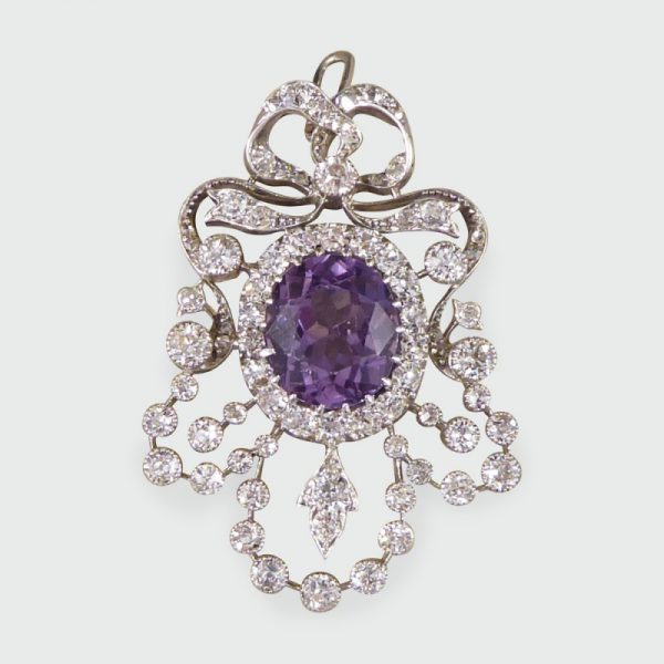 Antique Edwardian Purple Spinel and Diamond Pendant Brooch, Platinum