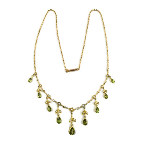 Antique Edwardian Split Pearl and Peridot Necklace in 15ct Gold