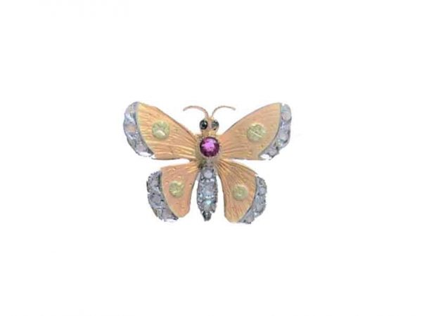 Vintage Yellow pink Enamel and Gem Set Gold Butterfly Brooch