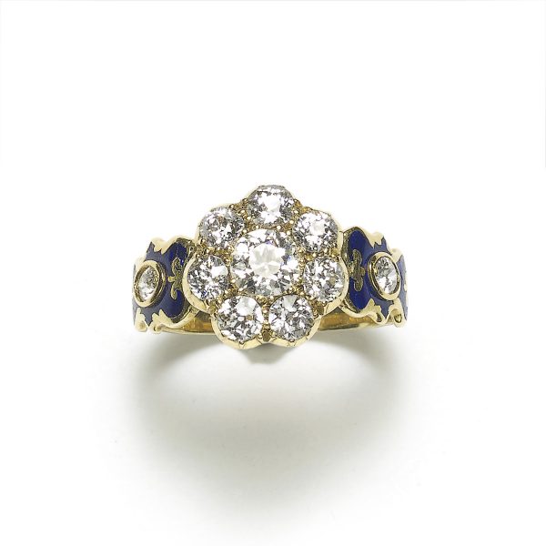 diamond blue enamel diamond cluster ring antique victorian 19th