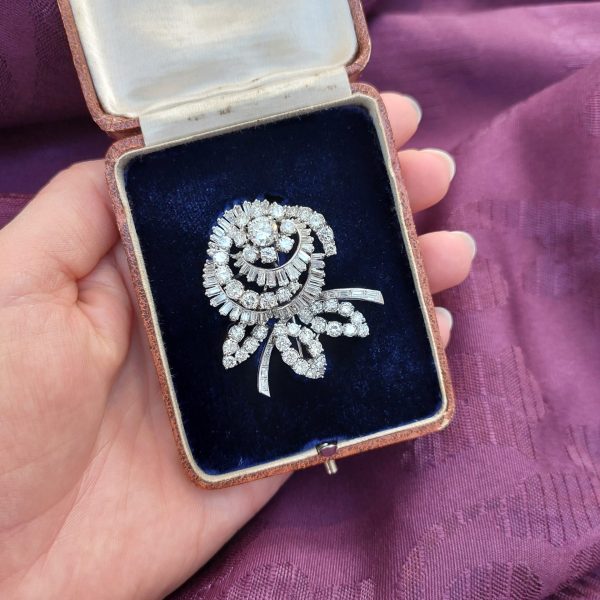 7ct Vintage Diamond Floral Brooch, Circa 1960