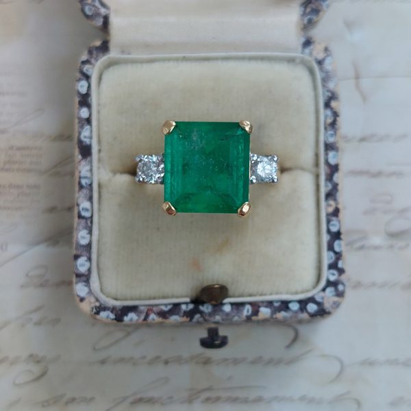 4.58ct Octagonal Cut Emerald and Diamond Trilogy Ring in 18ct Yellow Gold