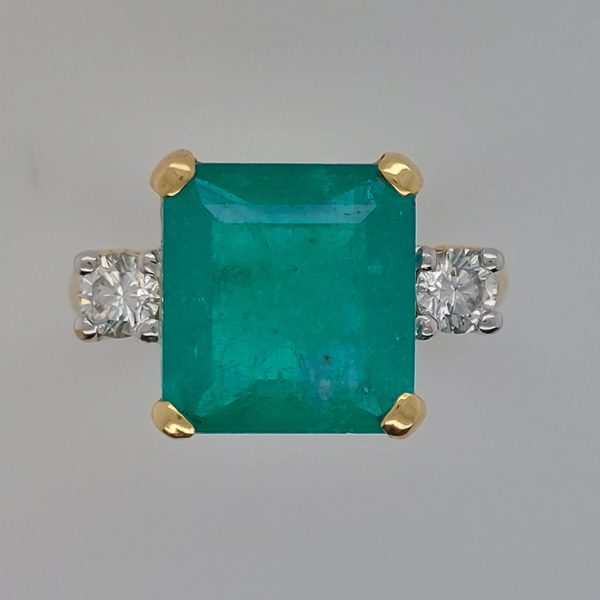 4.58ct Octagonal Cut Emerald and Diamond Trilogy Ring in 18ct Yellow Gold