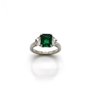 2ct Emerald and Half Moon Diamond Platinum Ring