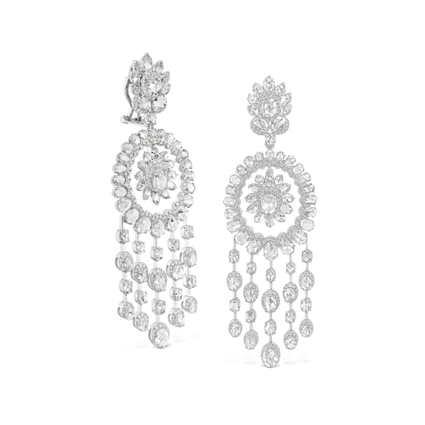 Rose Cut Diamond Chandelier Earrings; Luxurious drop earrings studded with 611 oval rose-cut and round brilliant diamonds, 14.25ct total, 18ct white gold