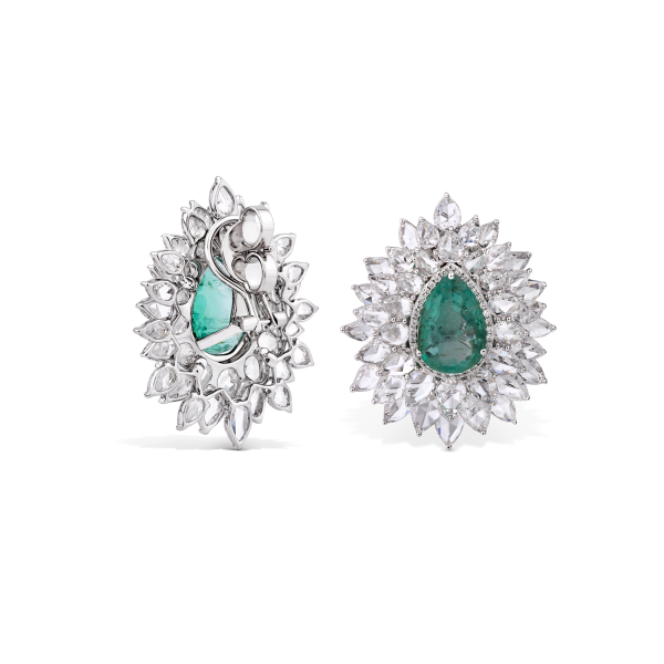 Pear-Shaped Old Cut Emerald and Diamond Floral Cluster Earrings, 22.07 carat total, 18ct White Gold. Emerald total 8.88cts. Total diamond weight 13.19cts.
