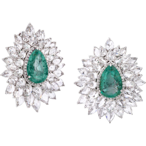 Pear-Shaped Old Cut Emerald and Diamond Floral Cluster Earrings, 22.07 carat total, 18ct White Gold. Emerald total 8.88cts. Total diamond weight 13.19cts.