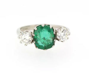 Emerald and Old Cut Diamond Trilogy Ring, 4.30 carat total, Platinum