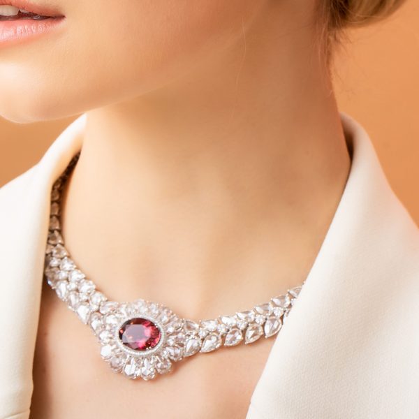 Rubellite and Rose Cut Diamond Necklace
