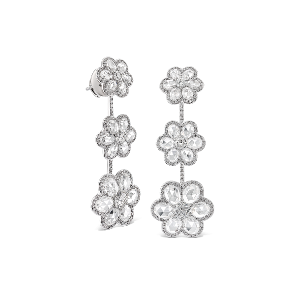 Rose Cut Diamond Blossom Floral Drop Earrings, 10.11. carat total, in 18ct White Gold
