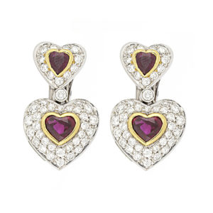 Ruby and Diamond Double Heart Cluster Earrings