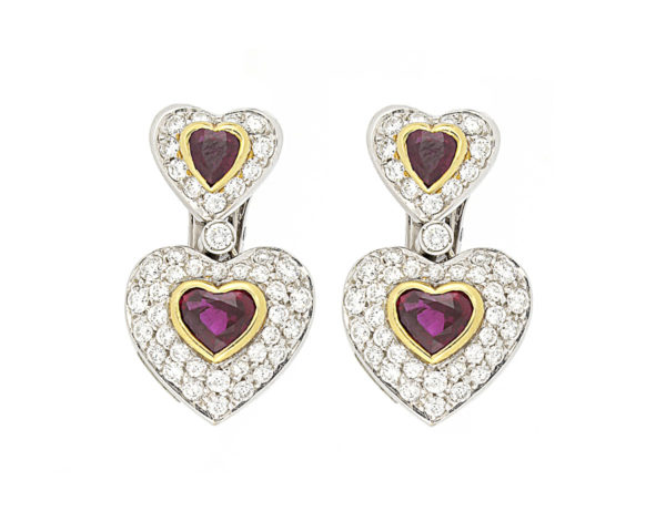 Ruby and Diamond Double Heart Cluster Earrings