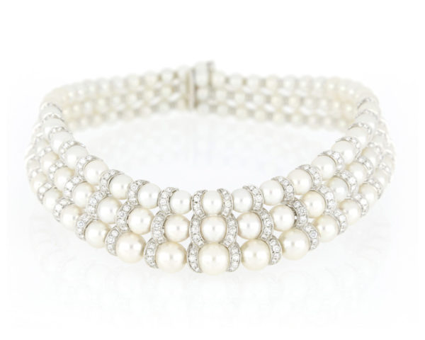 Fine Pearl and Diamond Three Row Necklace