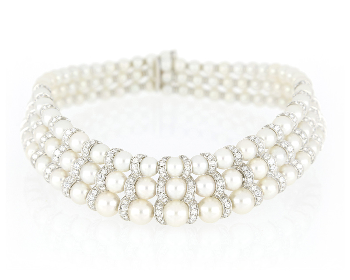 Fine Pearl and Diamond Three Row Necklace - Jewellery Discovery