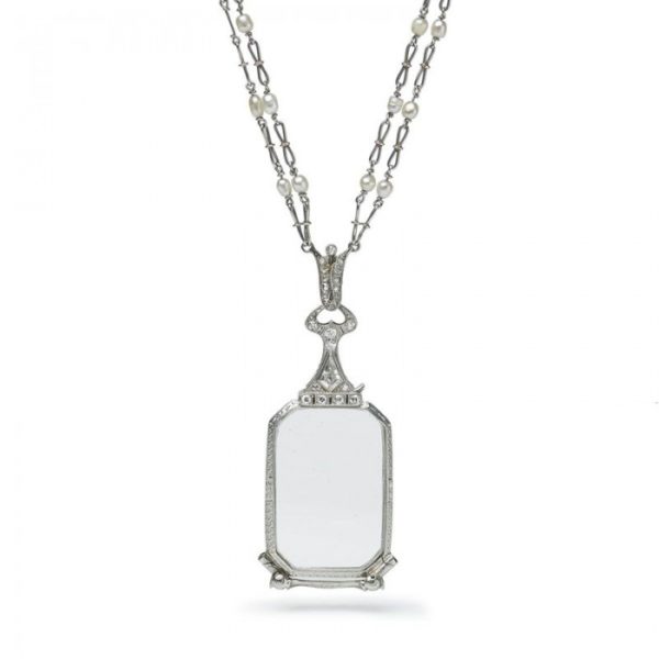 Antique Art Deco Diamond Pearl Platinum Lorgnette and Chain