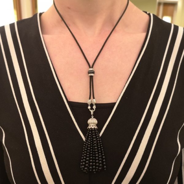 Antique Art Deco Onyx Diamond Tassel Pendant Necklace