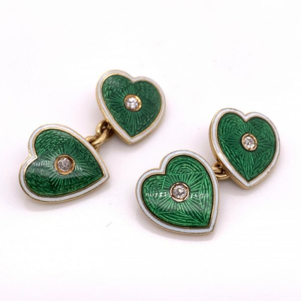 Antique Edwardian Enamel & Diamond Heart Cufflinks