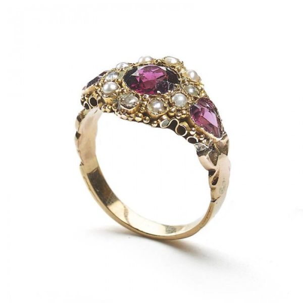 Antique Georgian Garnet Pearl Gold Ring