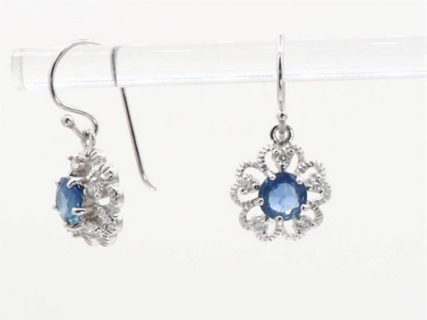 Antique Style Sapphire & Diamond White Gold Earrings