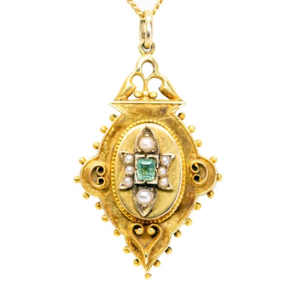 Antique Victorian Emerald & Pearl Gold Pendant