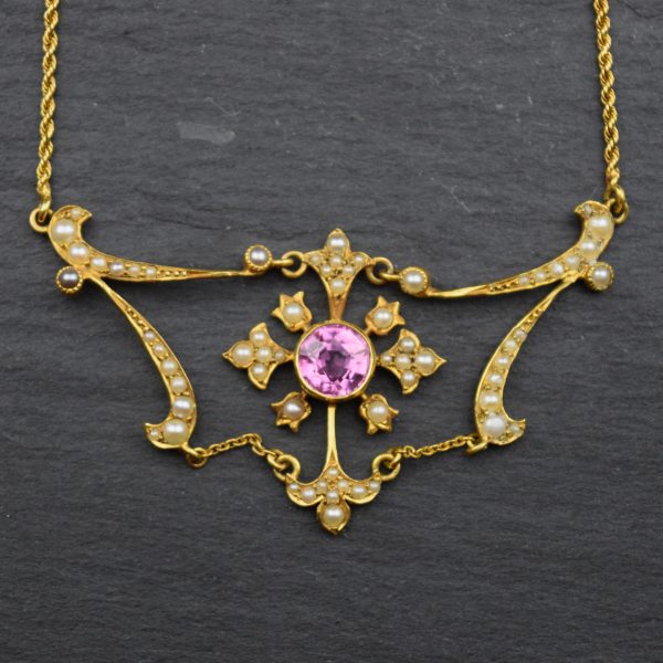 Antique Edwardian Pink Tourmaline and Split Pearl Necklace in 15ct gold