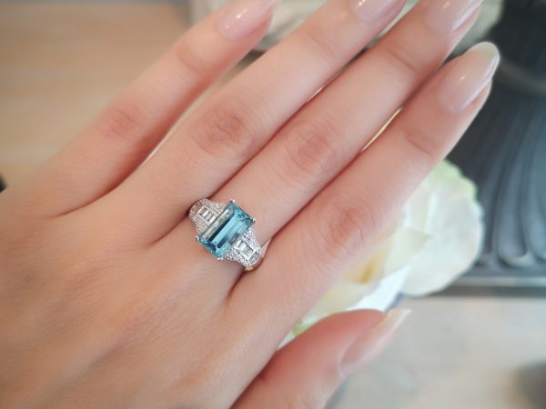 Emerald Cut Aquamarine and Diamond Dress Ring, Platinum