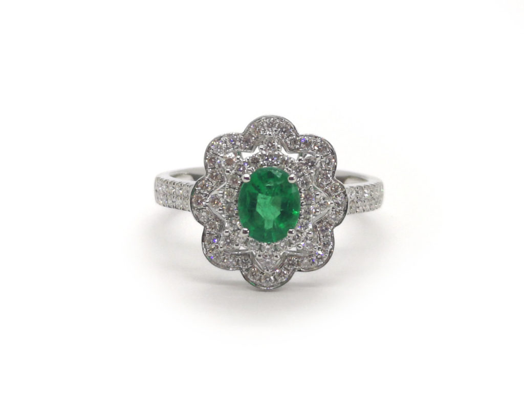 Emerald and Diamond Flower Cluster Ring, 18ct White Gold - Jewellery ...