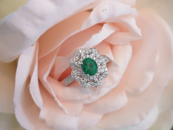 Emerald and Diamond Flower Cluster Ring, 18ct White Gold