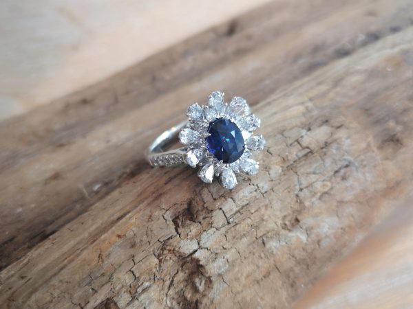 Sapphire and Diamond Flower Design Cluster Ring in Platinum