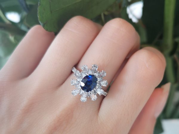 Sapphire and Diamond Flower Design Cluster Ring in Platinum