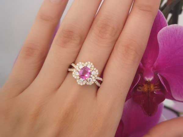 Pink Sapphire and Diamond Flower Cluster Ring, 18ct Gold