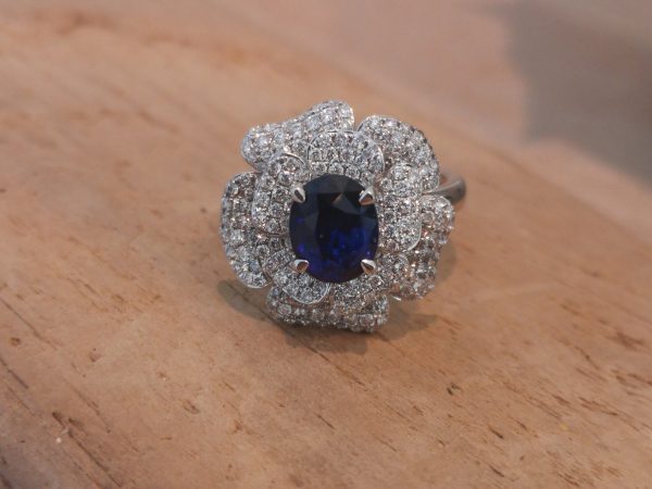 Sri Lankan Sapphire and Double Diamond Cluster Ring, 18ct White Gold