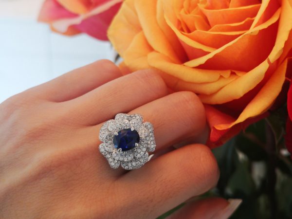 Sri Lankan Sapphire and Double Diamond Cluster Ring, 18ct White Gold